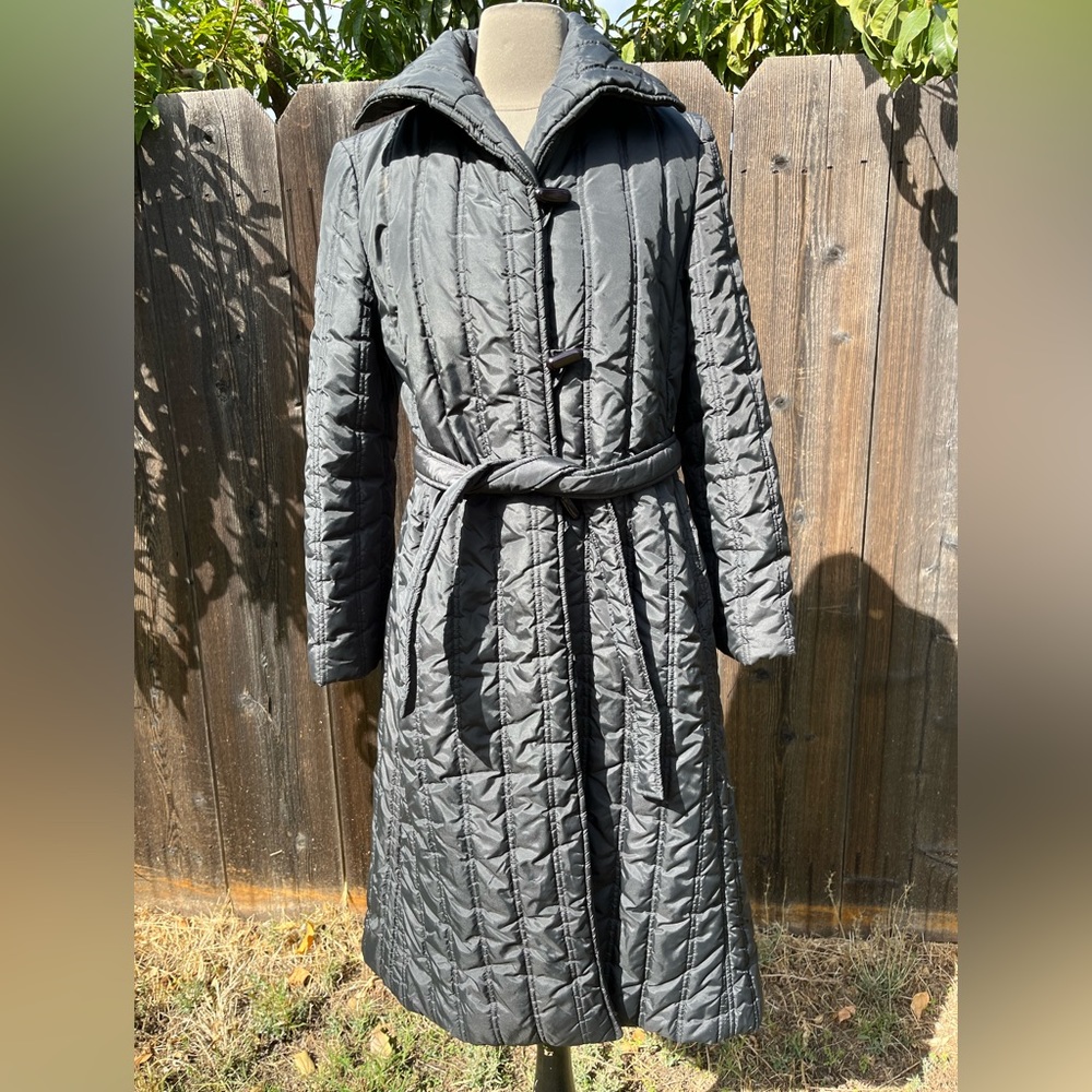 Vintage 1970’s Couture Specialists long quilted black puffy coat with waist tie